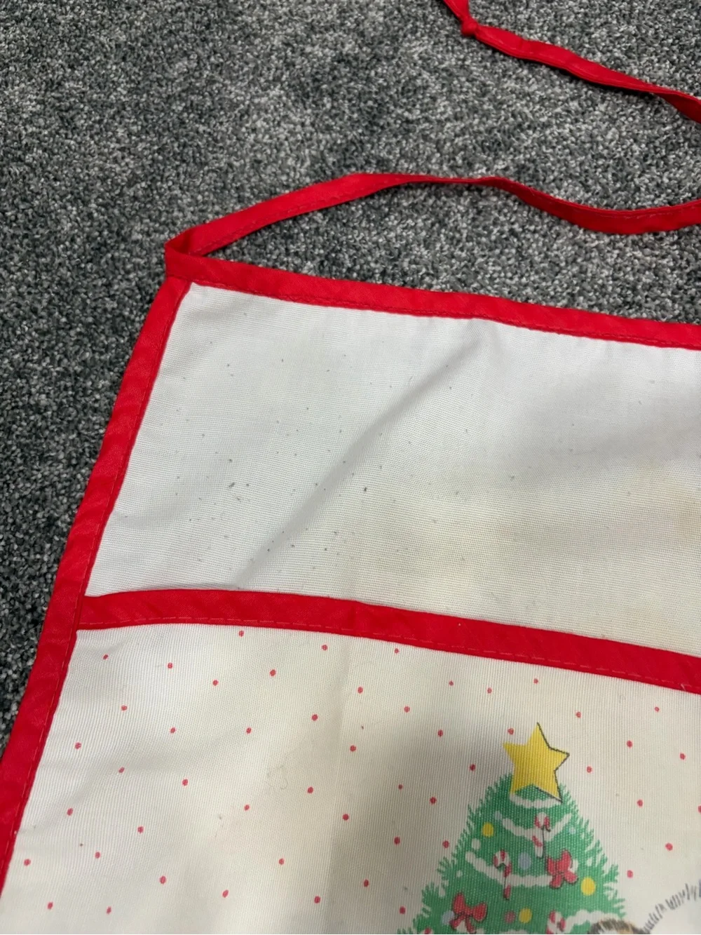 Vintage Christmas Raccoon Apron - Red Trim with graphic and pockets-tie waist